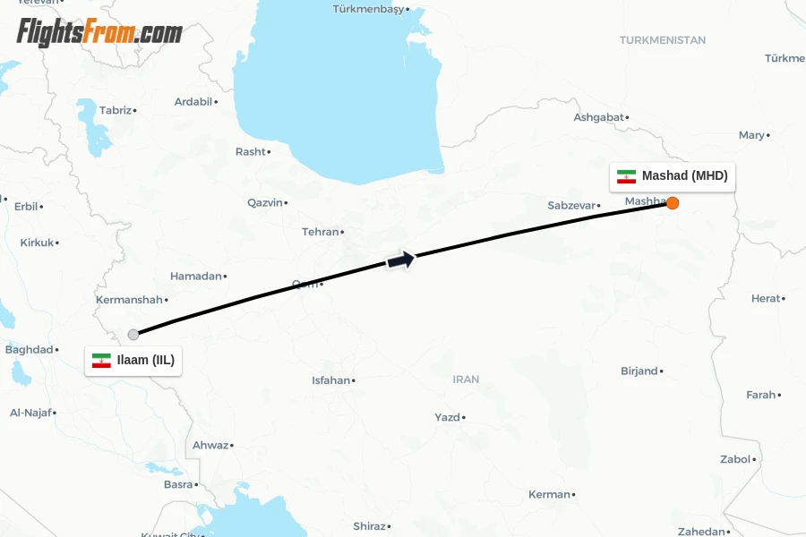 Flights from Ilaam to Mashad route map