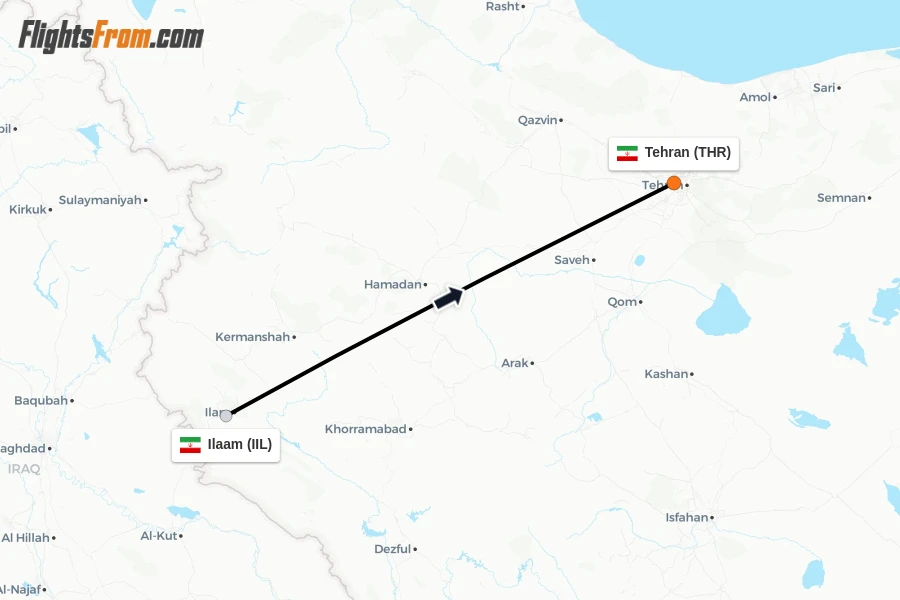 Flights from Ilaam to Tehran route map