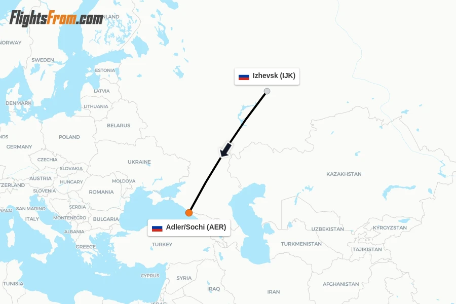 Flights from Izhevsk to Adler/Sochi route map