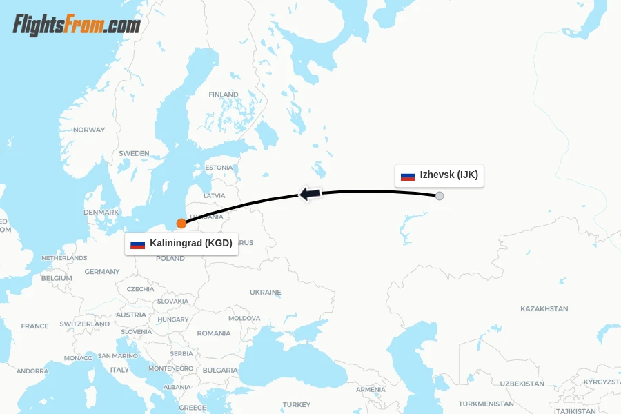 Flights from Izhevsk to Kaliningrad route map