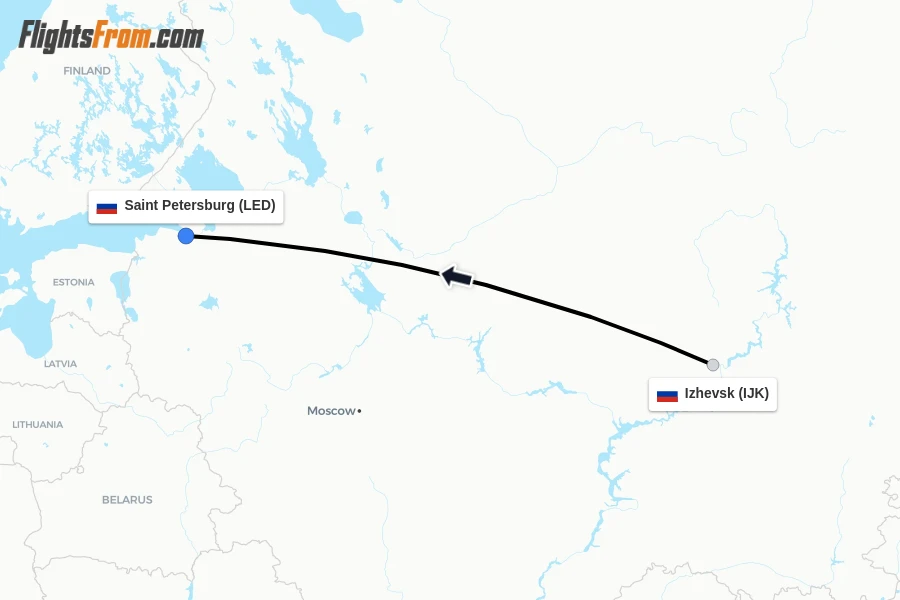 Flights from Izhevsk to Saint Petersburg route map
