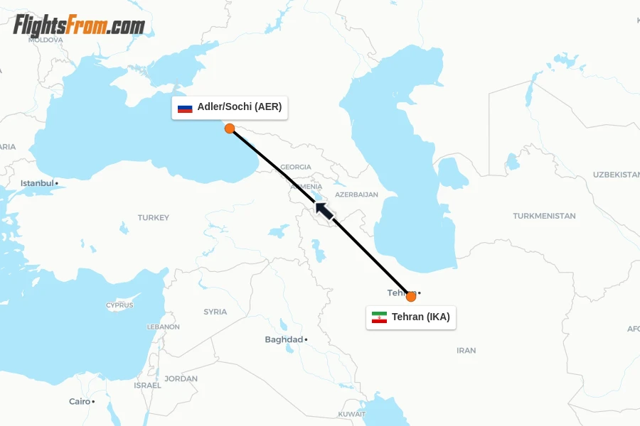 Flights from Tehran to Adler/Sochi route map