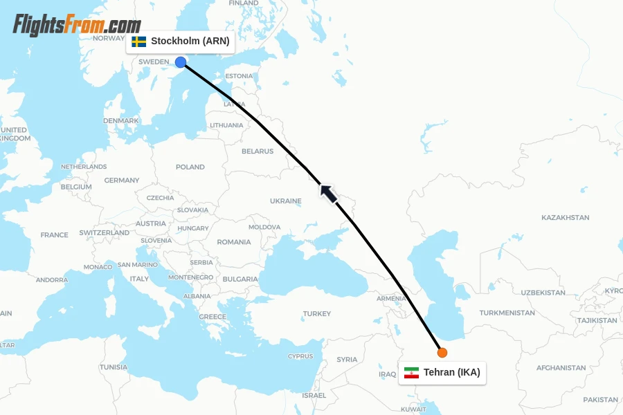 Flights from Tehran to Stockholm route map