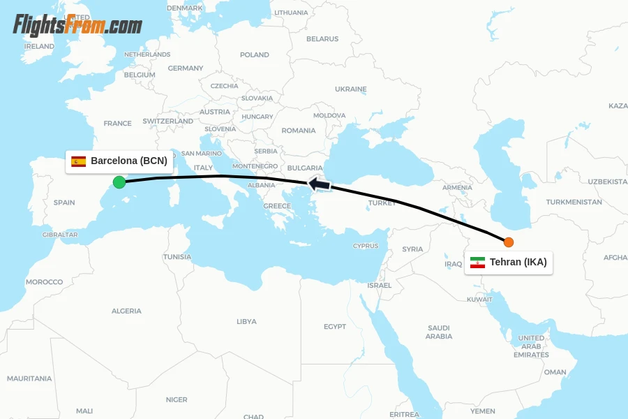 Flights from Tehran to Barcelona route map