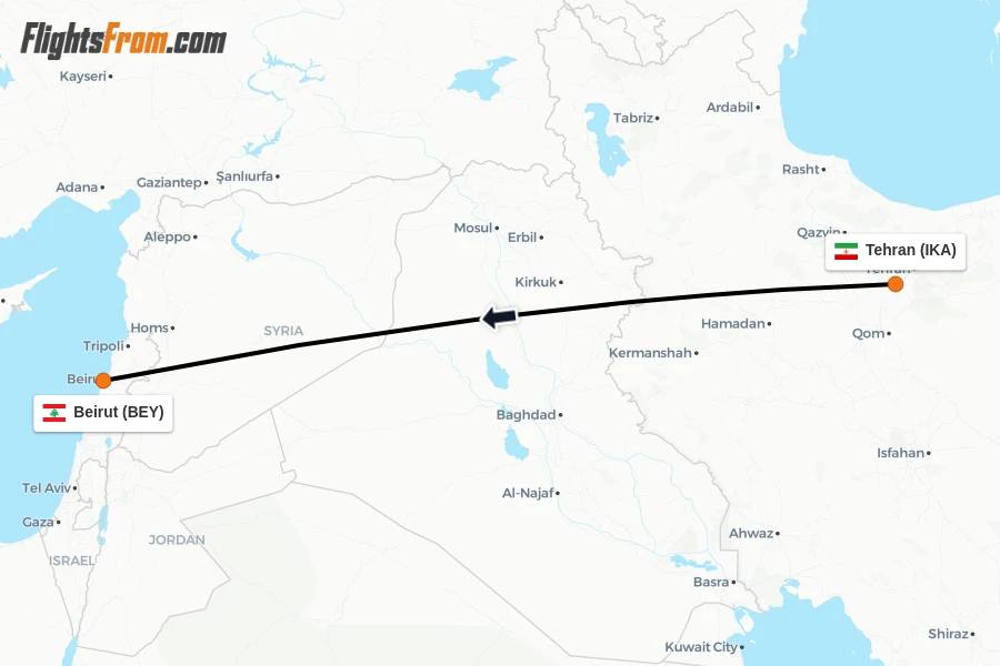 Flights from Tehran to Beirut route map