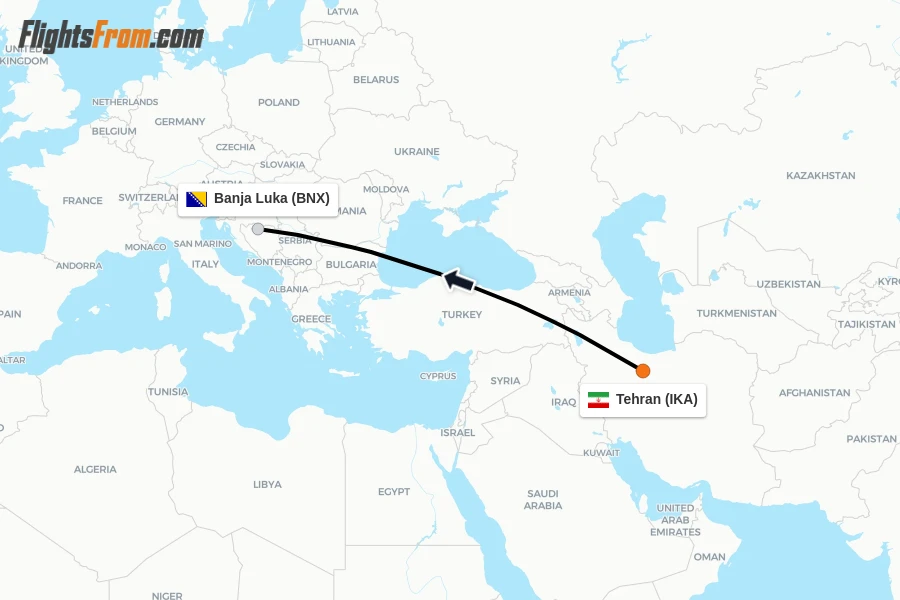 Flights from Tehran to Banja Luka route map