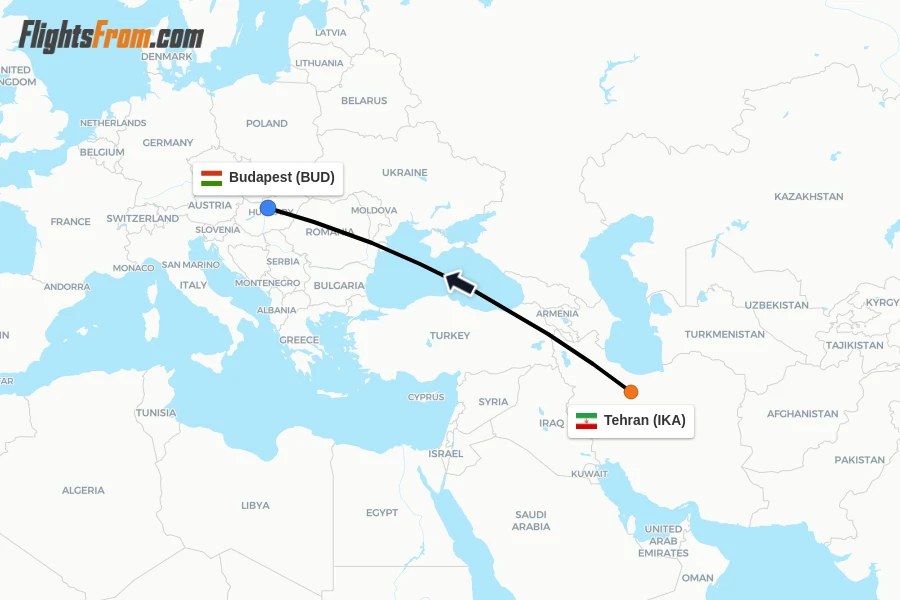 Flights from Tehran to Budapest route map