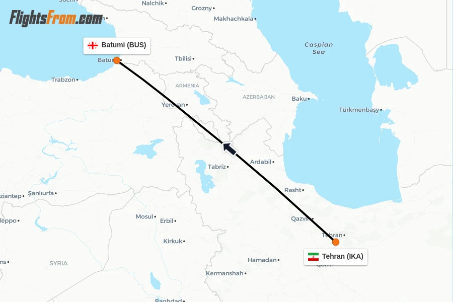 Flights from Tehran to Batumi route map