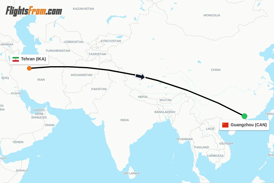 Flights from Tehran to Guangzhou route map