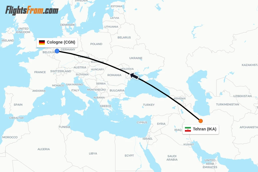 Flights from Tehran to Cologne route map