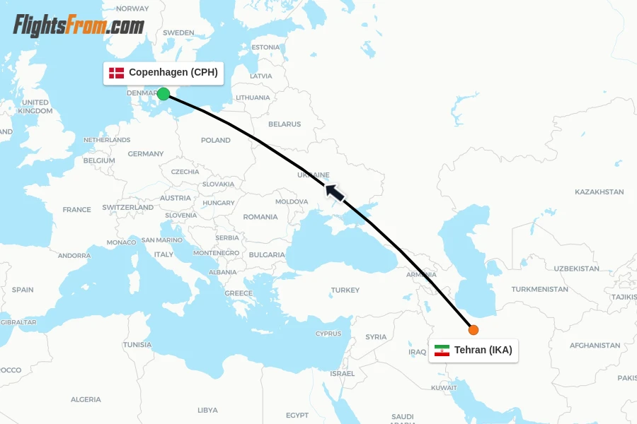Flights from Tehran to Copenhagen route map