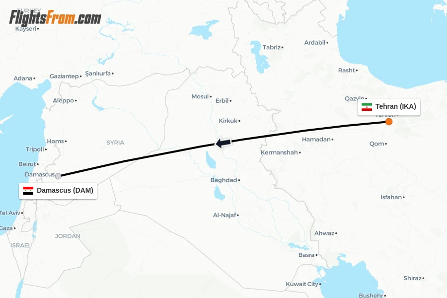 Flights from Tehran to Damascus route map