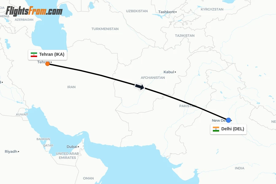 Flights from Tehran to Delhi route map
