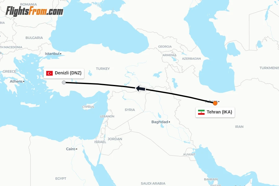 Flights from Tehran to Denizli route map