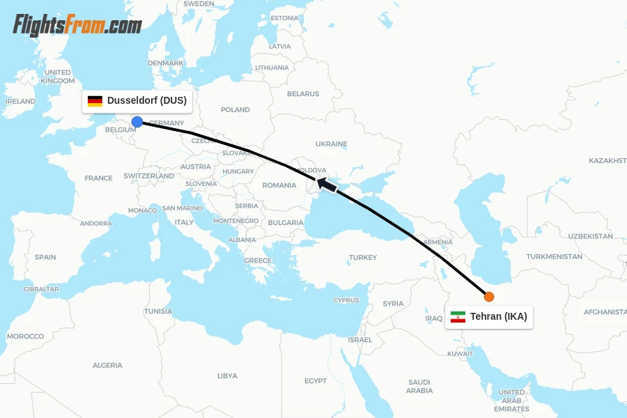 Flights from Tehran to Dusseldorf route map