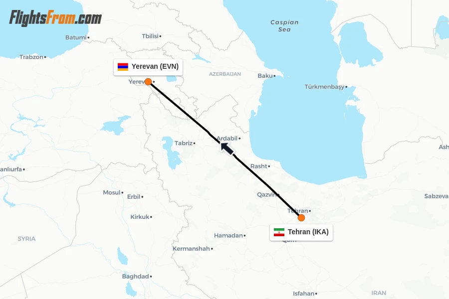 Flights from Tehran to Yerevan route map