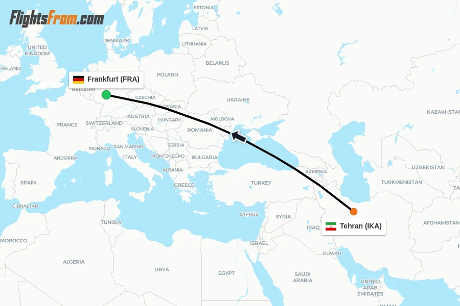Flights from Tehran to Frankfurt route map