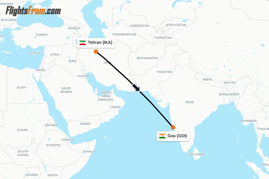 Flights from Tehran to Goa route map