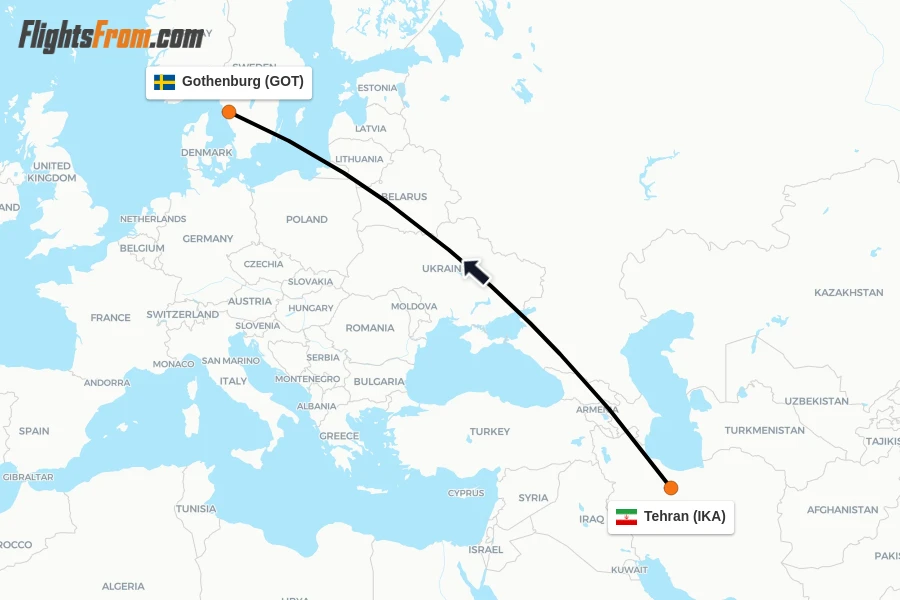 Flights from Tehran to Gothenburg route map