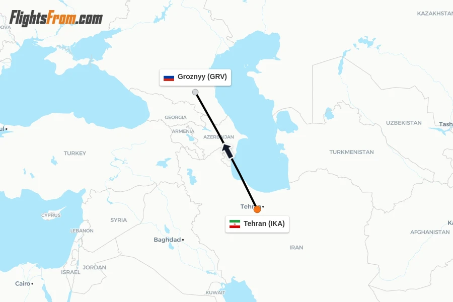 Flights from Tehran to Groznyy route map