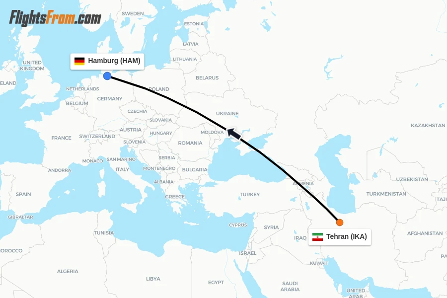 Flights from Tehran to Hamburg route map