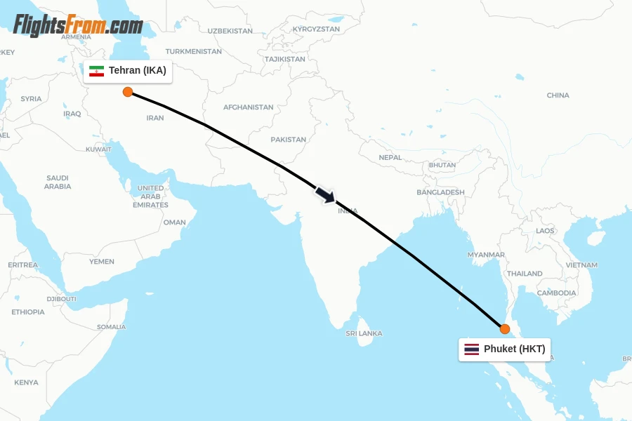 Flights from Tehran to Phuket route map