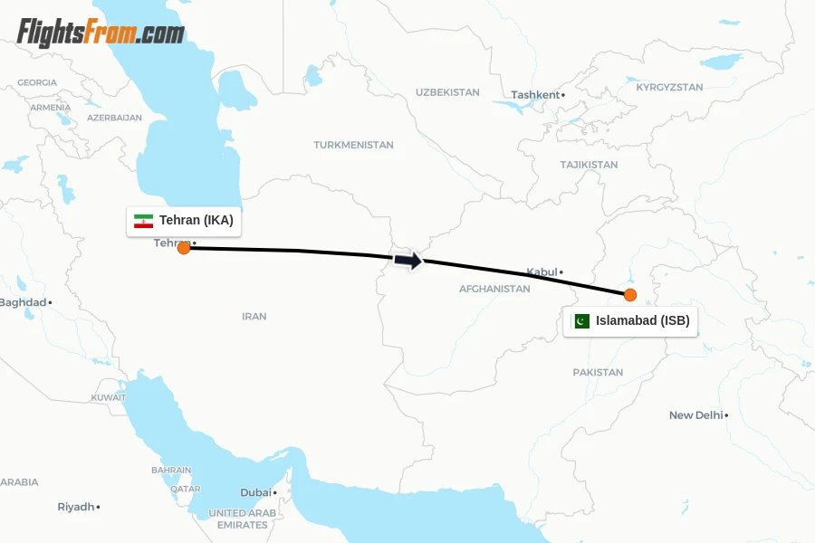 Flights from Tehran to Islamabad route map