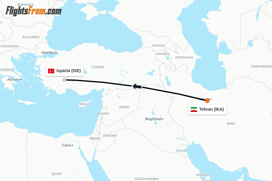 Flights from Tehran to Isparta route map