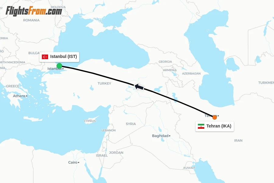 Flights from Tehran to Istanbul route map