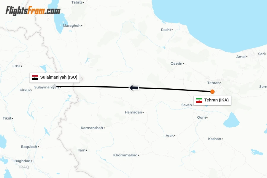 Flights from Tehran to Sulaimaniyah route map