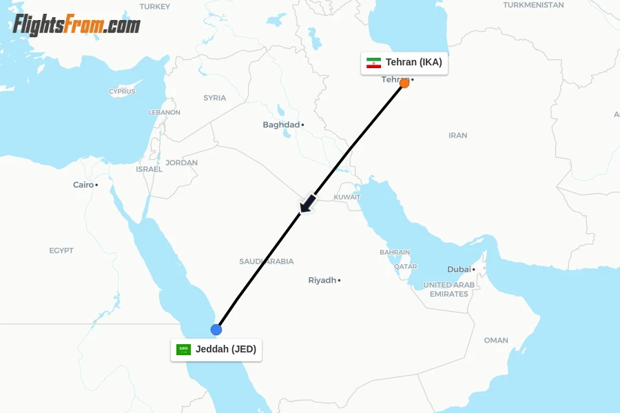 Flights from Tehran to Jeddah route map