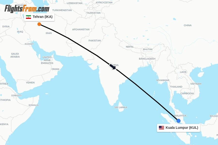 Flights from Tehran to Kuala Lumpur route map