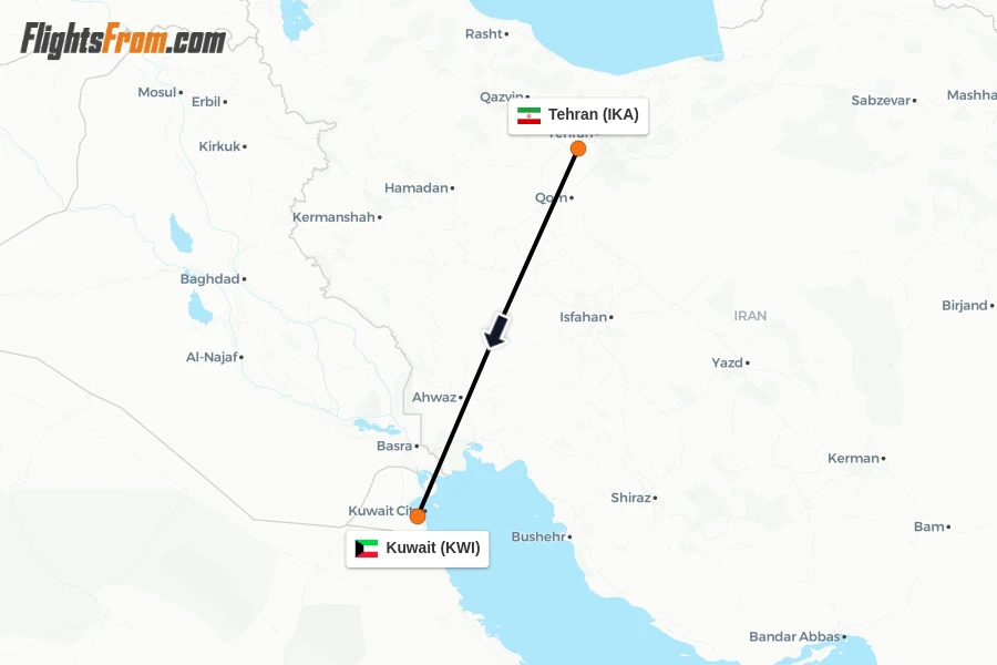 Flights from Tehran to Kuwait route map