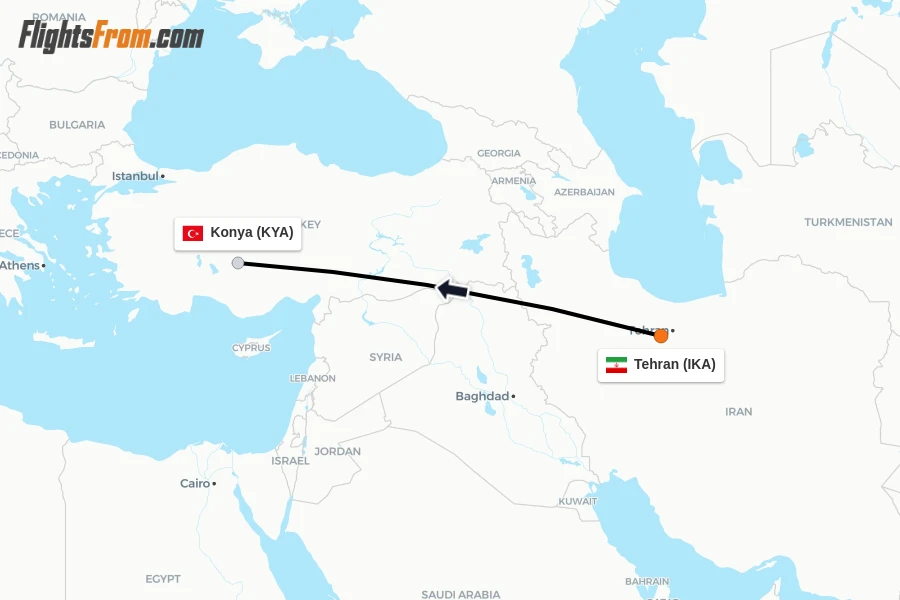 Flights from Tehran to Konya route map