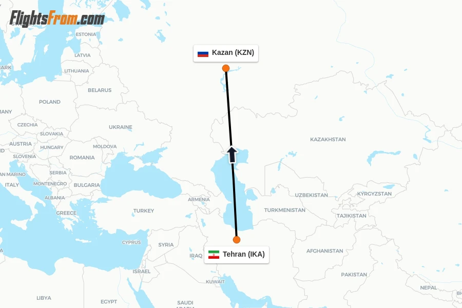 Flights from Tehran to Kazan route map