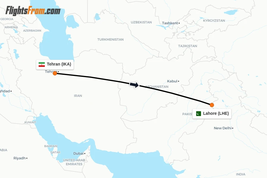 Flights from Tehran to Lahore route map