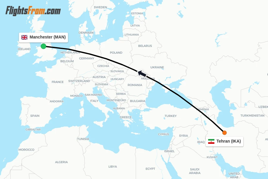 Flights from Tehran to Manchester route map