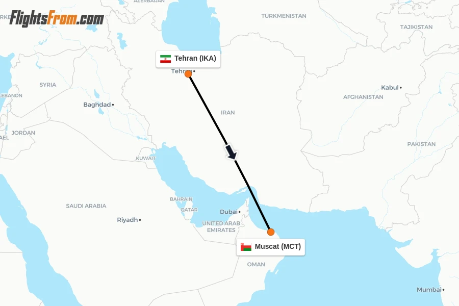 Flights from Tehran to Muscat route map