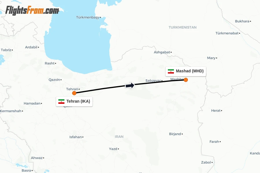 Flights from Tehran to Mashad route map