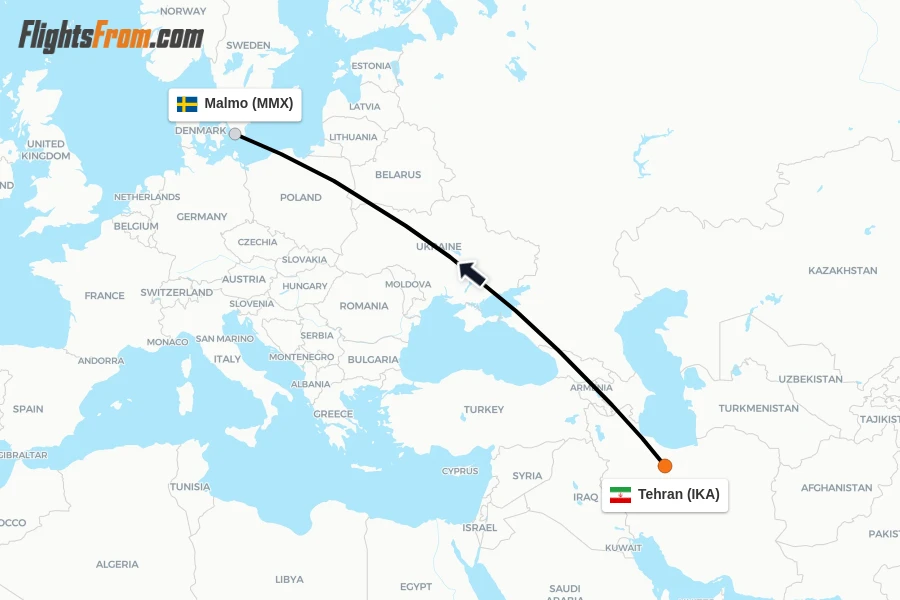 Flights from Tehran to Malmo route map