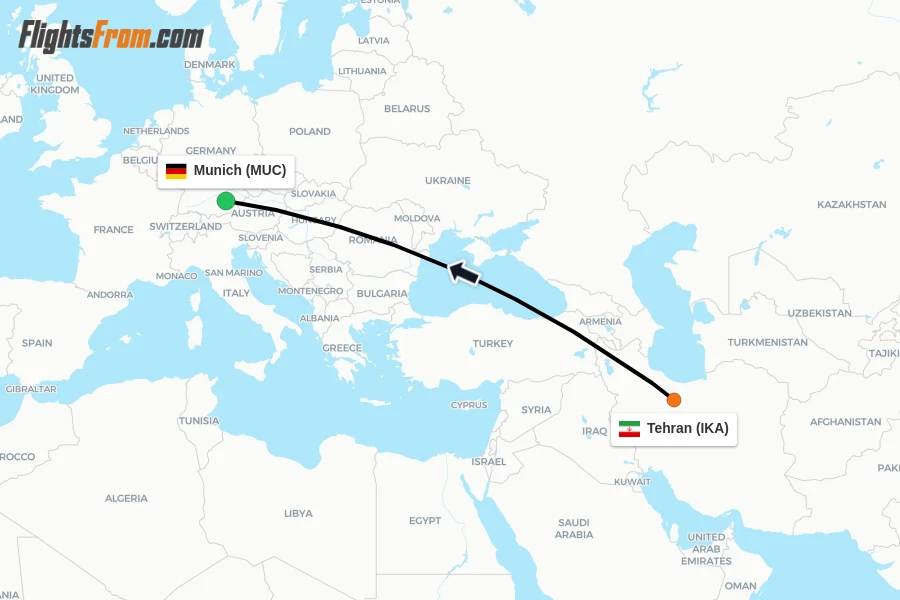 Flights from Tehran to Munich route map