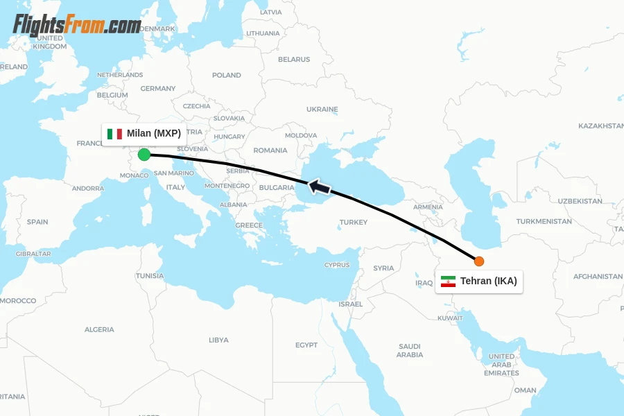 Flights from Tehran to Milan route map
