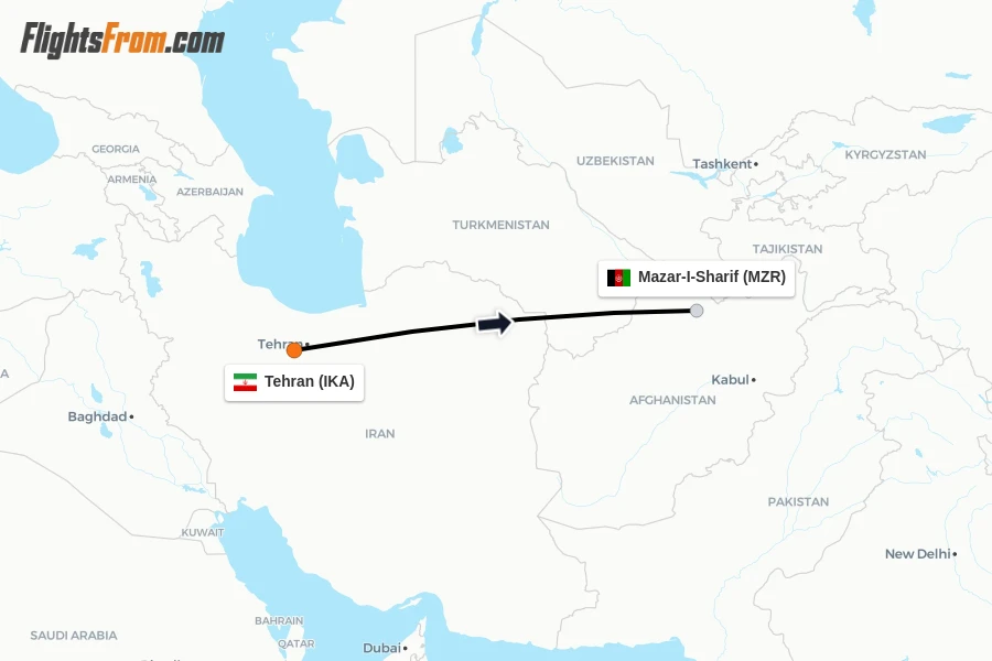 Flights from Tehran to Mazar-I-Sharif route map