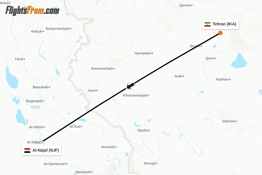 Flights from Tehran to Al-Najaf route map