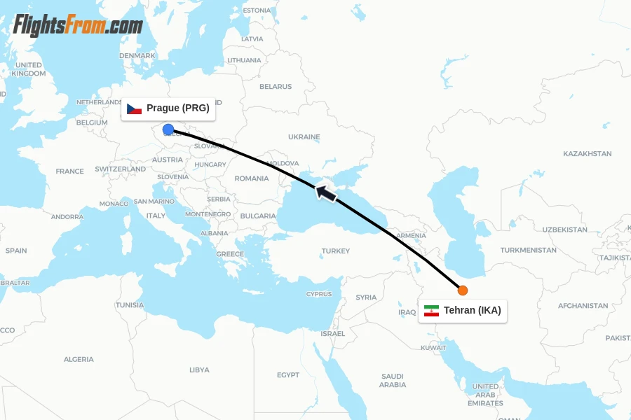 Flights from Tehran to Prague route map