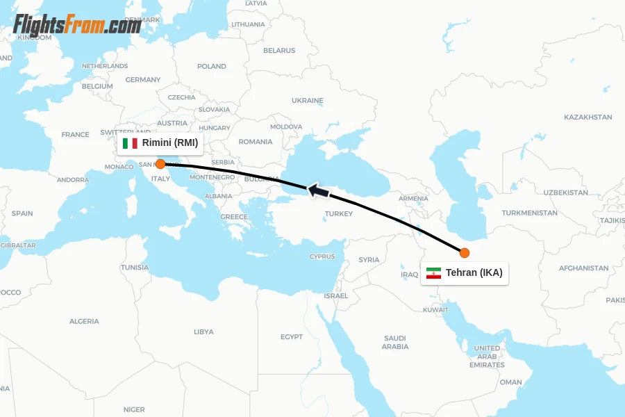 Flights from Tehran to Rimini route map