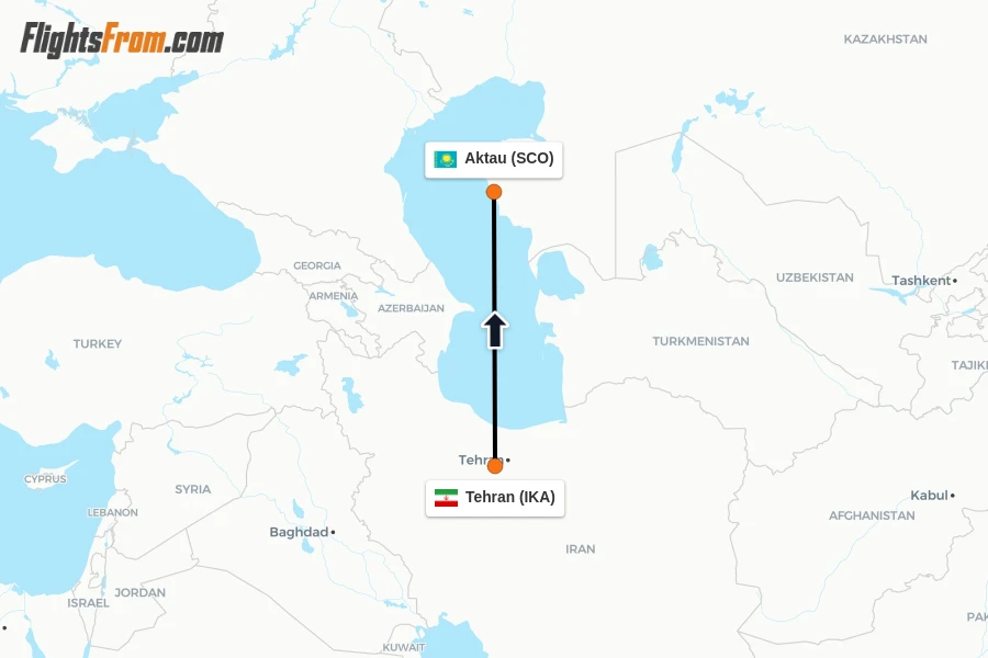 Flights from Tehran to Aktau route map