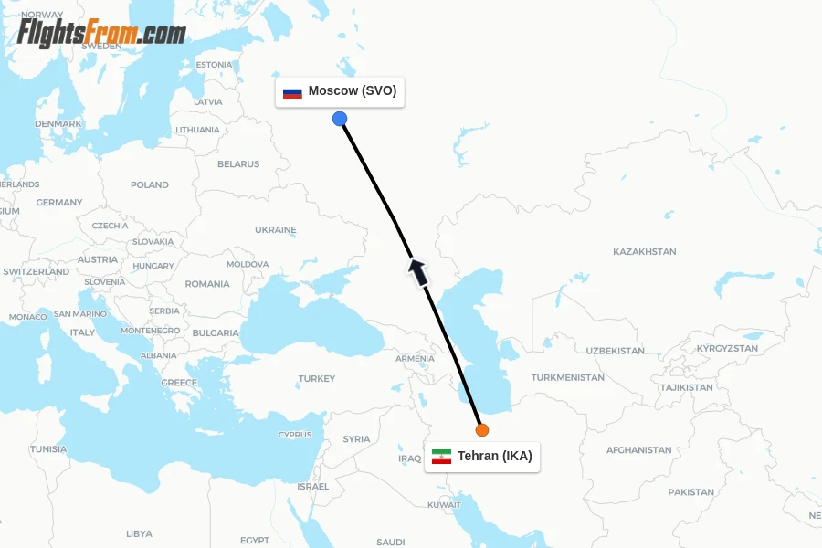 Flights from Tehran to Moscow route map
