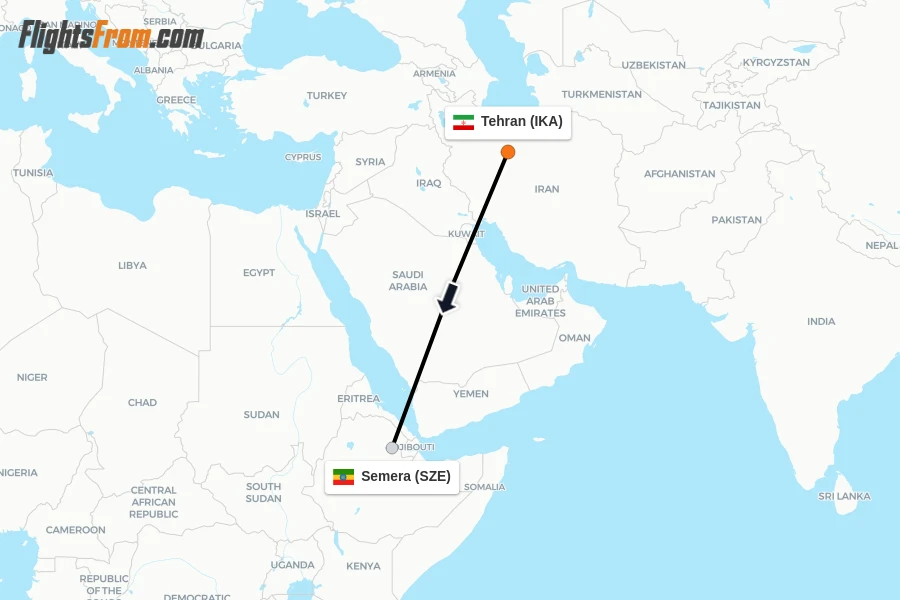 Flights from Tehran to Semera route map