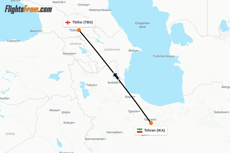 Flights from Tehran to Tbilisi route map
